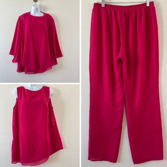 Vintage Pants - Womens Fuschia 3 Piece Outfit Set Flowy Wide Leg Pant Tank Cardigan Womens XL